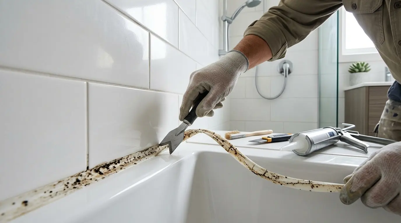 Bathroom Silicone Replacement Old bathroom silicone being removed before a new seal is applied