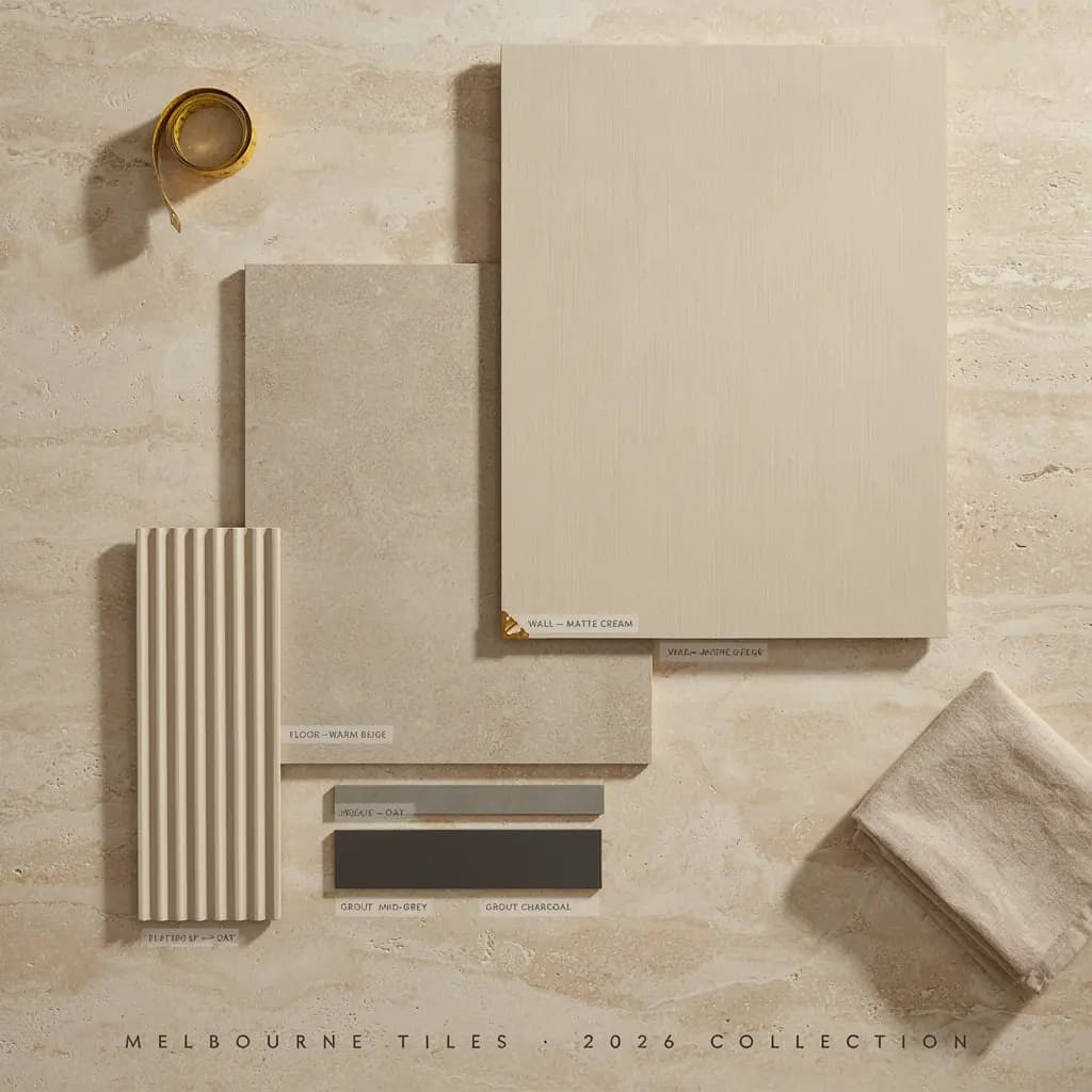 Melbourne bathroom tile mood board for 2026 showing warm neutral porcelain floor tiles, large format wall tiles, fluted feature tile and warm grout combinations