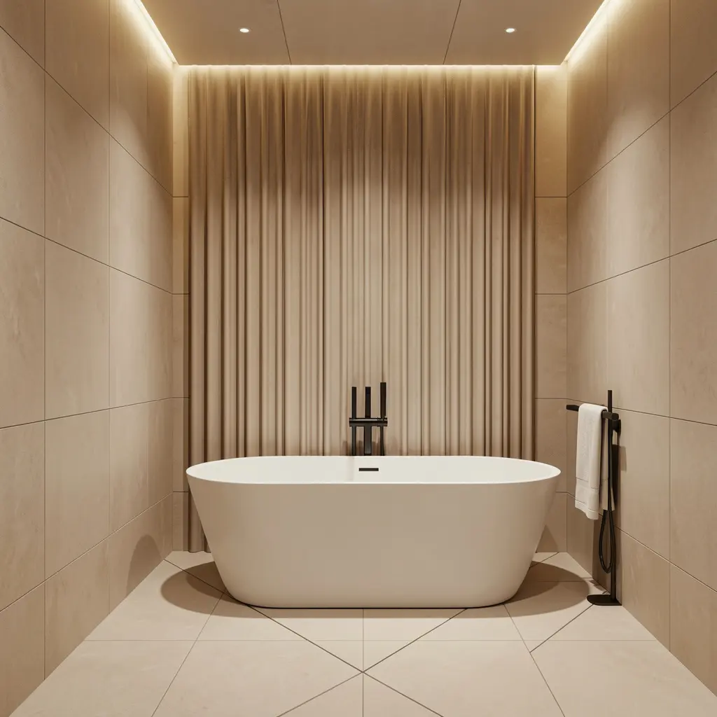 Contemporary Melbourne bathroom showing large format wall tiles with fluted feature panel behind bath and structured porcelain floor tiles by Ali Star Tiling