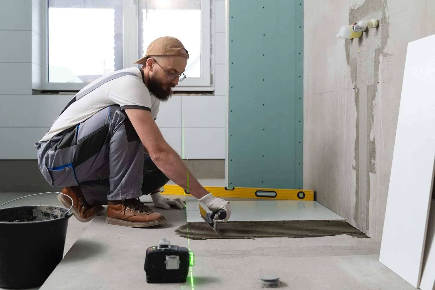 Waterproofing membrane being applied to bathroom walls and floor before tiling in a Melbourne renovation