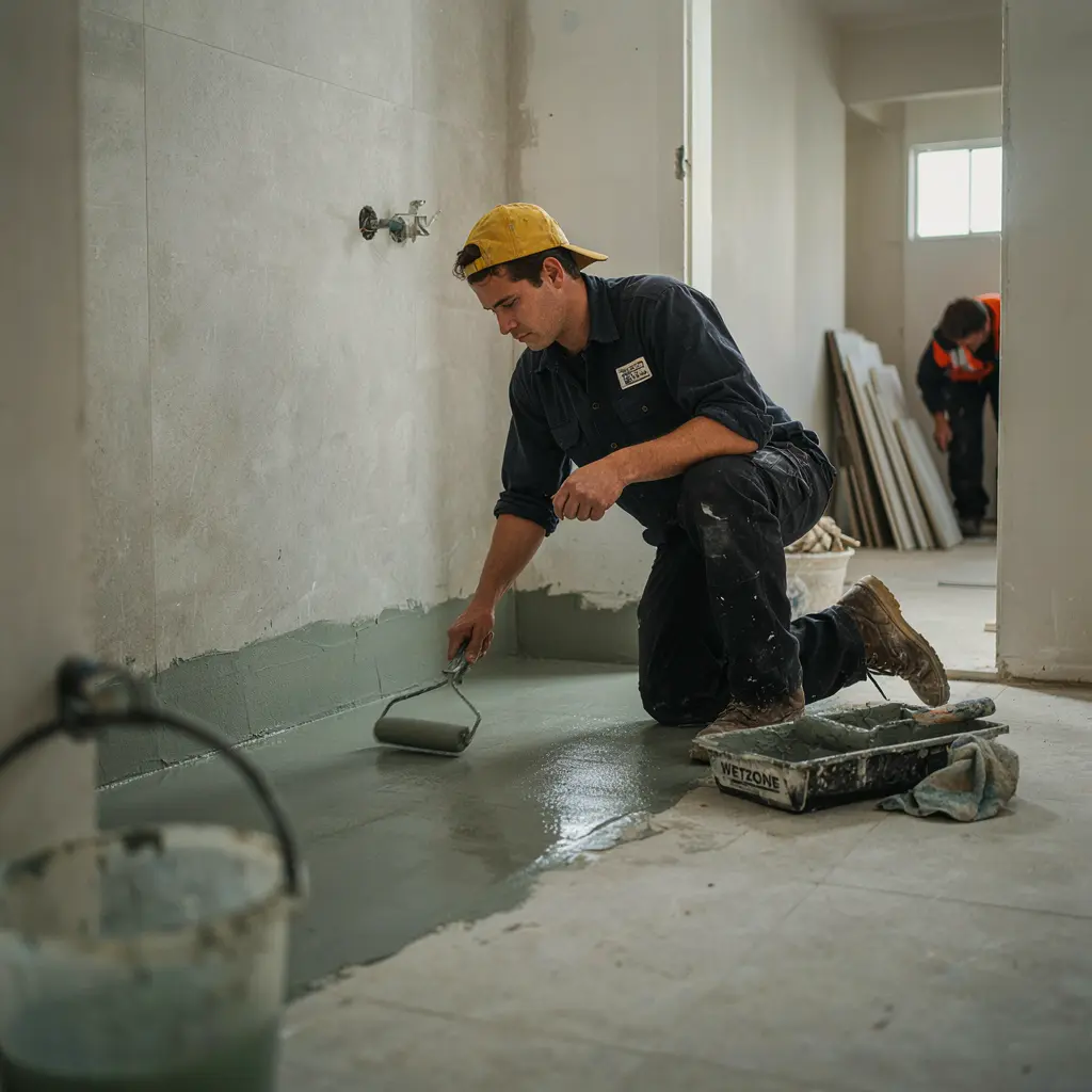 Bathroom waterproofing membrane being applied to shower walls and floor in a Melbourne home by Ali Star Tiling showing correct AS 3740 coverage