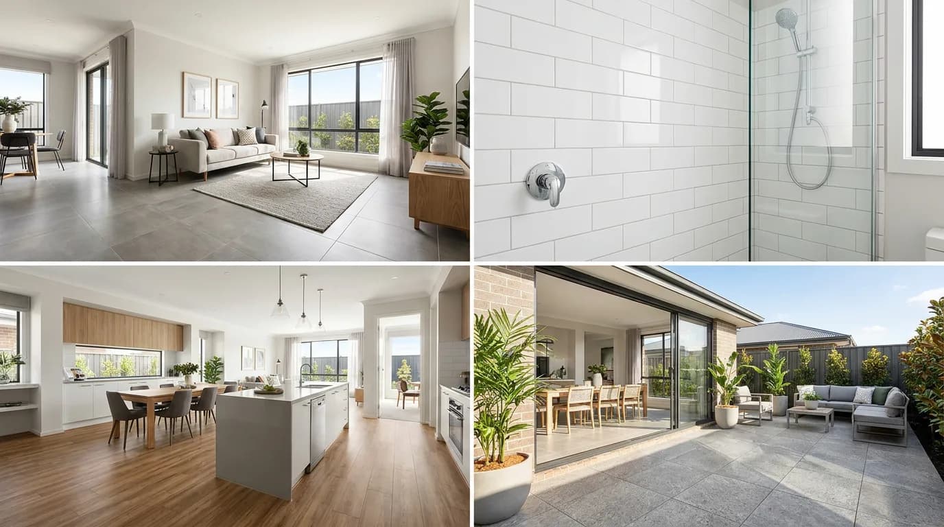 Collage of the most popular tile choices in Melbourne homes 2026 showing large format porcelain, timber look, subway tile and outdoor pavers
