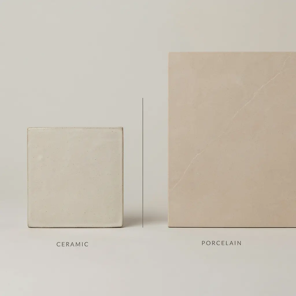 Side by side comparison of a standard builder tile allowance tile versus an upgraded tile option for a Melbourne new build home