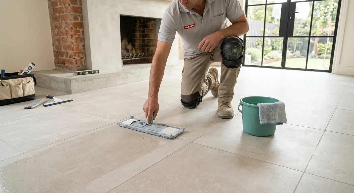 Cleaning Newly Installed Porcelain Tiles A microfibre mop gently cleaning newly installed porcelain floor tiles.