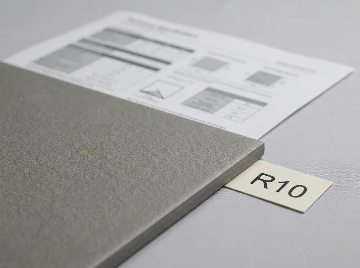 Commercial floor tile showing R9 or R10 slip resistance rating marking on the tile back or specification sheet for Melbourne commercial installation