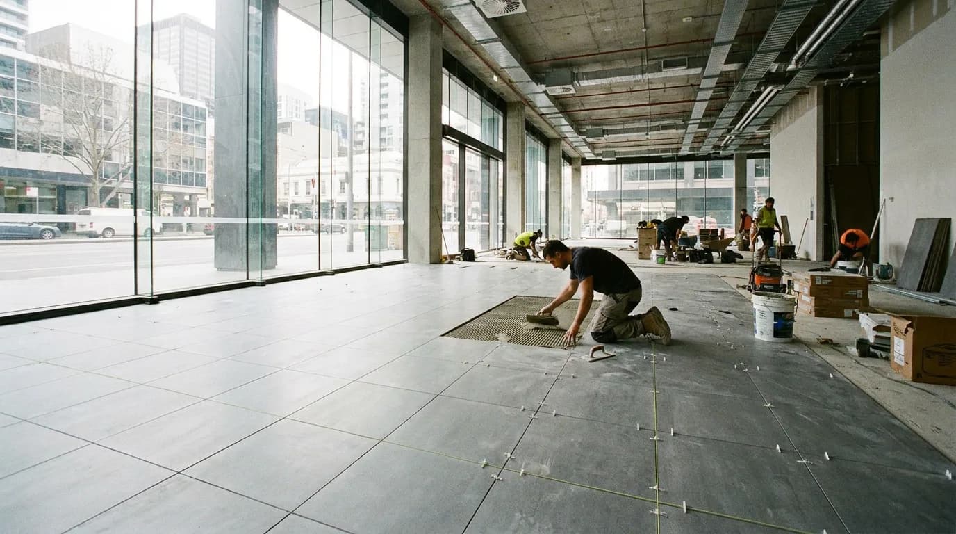 Large-format porcelain tiles being installed in a Melbourne commercial office or retail space by Ali Star Tiling