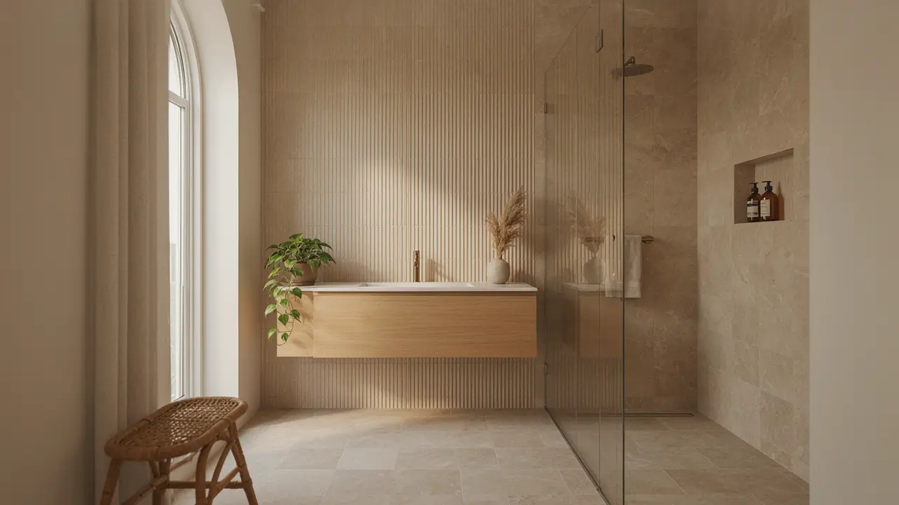 Small Melbourne ensuite with floor-to-ceiling large format tiles and fluted feature wall behind vanity installed by Ali Star Tiling