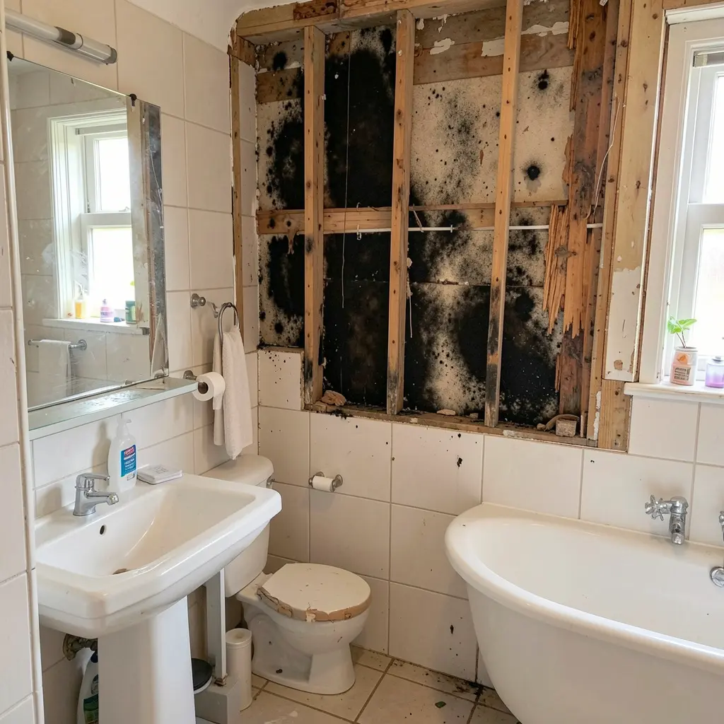 Water damage behind bathroom tiles in a Melbourne home showing mould, staining and substrate damage from failed or missing waterproofing