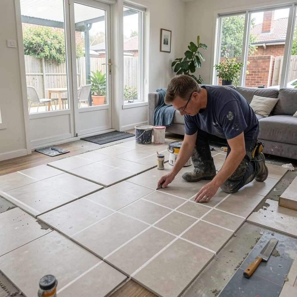 Tiler setting out floor tile layout with chalk lines in a Melbourne home before installation begins