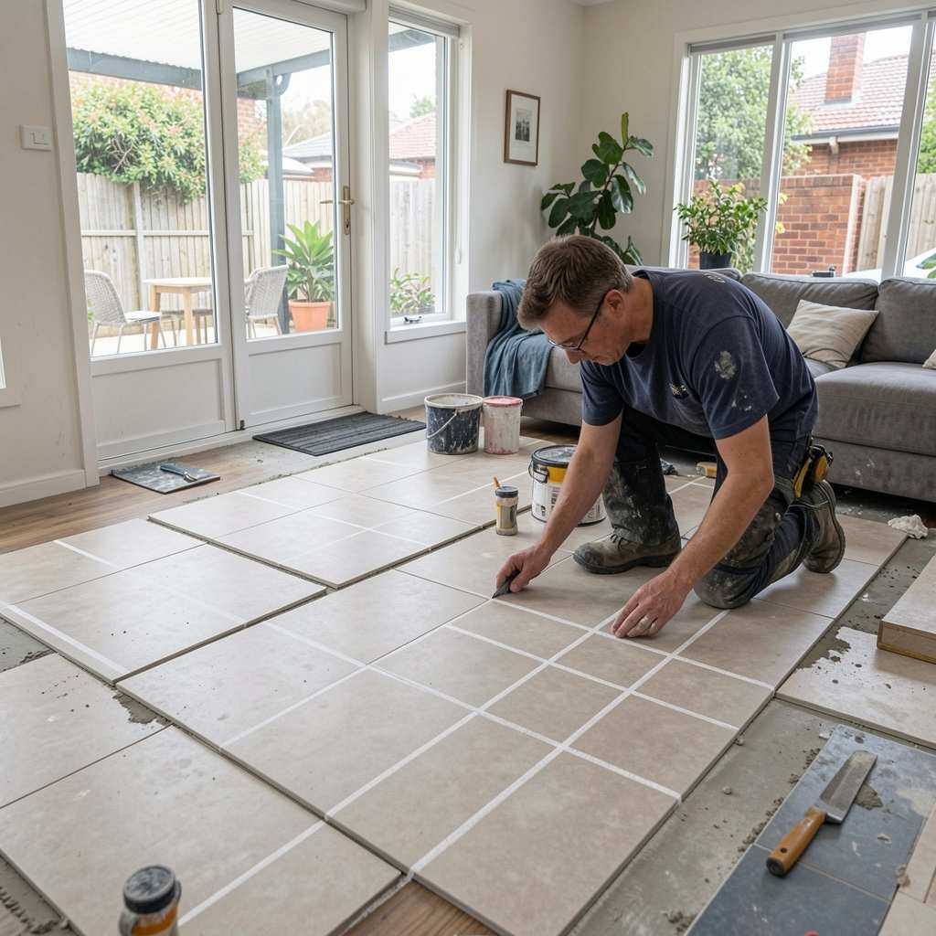 Tiler setting out floor tile layout with chalk lines in a Melbourne home before installation begins