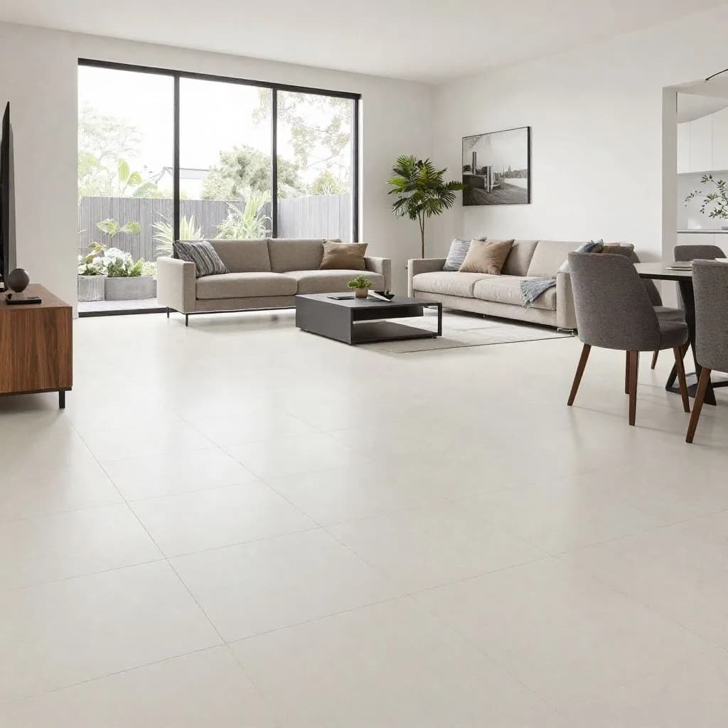 Large-format porcelain floor tiles installed in an open-plan Melbourne home living area by Ali Star Tiling