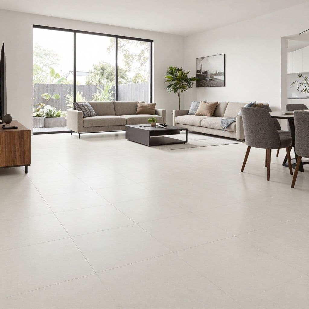 Large-format porcelain floor tiles installed in an open-plan Melbourne home living area by Ali Star Tiling