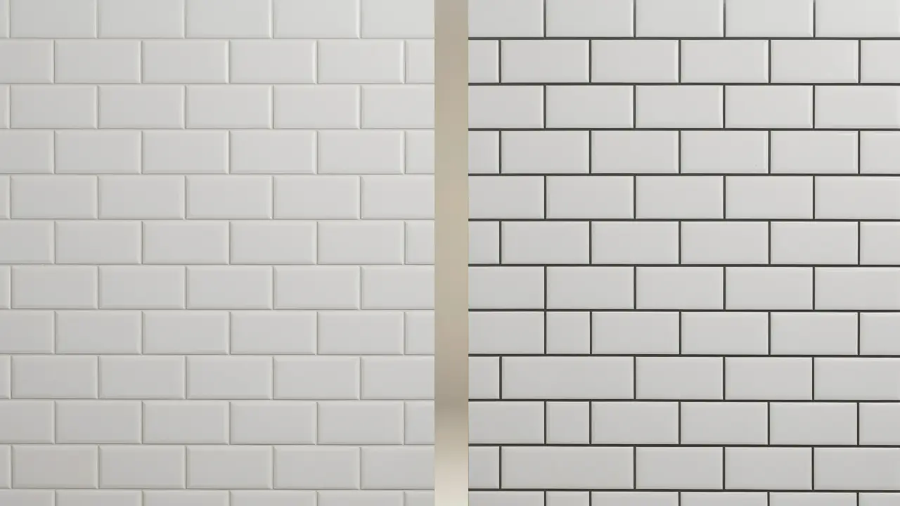 Grout colour comparison showing white subway tiles with white grout versus charcoal grout in a Melbourne bathroom demonstrating the visual difference