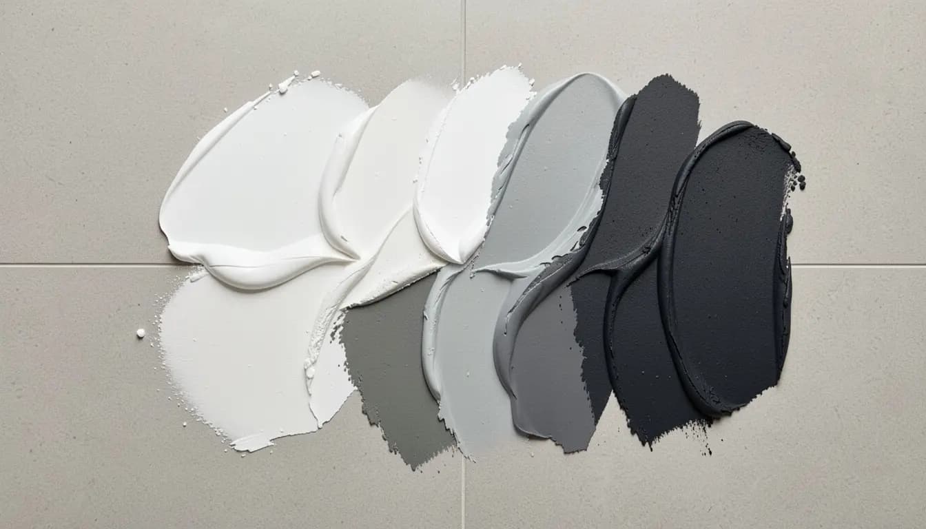 Five grout colour samples from white to charcoal shown against a neutral porcelain tile demonstrating the range of grout colour effects available in Melbourne