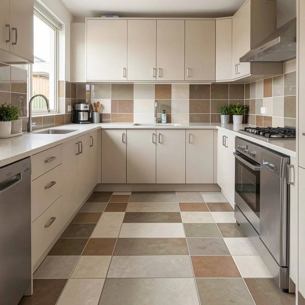 Melbourne kitchen showing coordinated floor tiles and splashback tiles in complementary tones installed by Ali Star Tiling