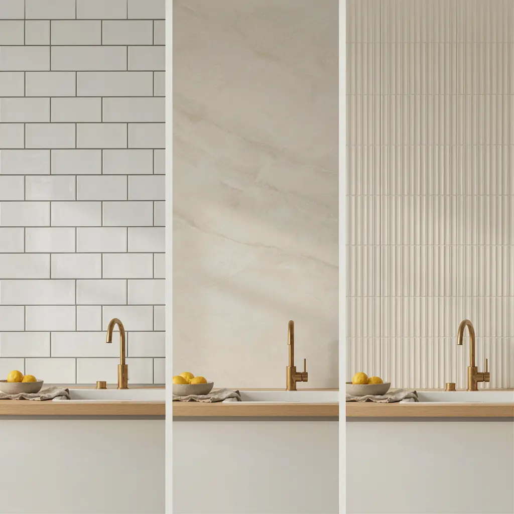 Three Melbourne kitchen splashback styles side by side: classic subway tile, large format porcelain slab, and fluted feature tile showing the range of 2026 options