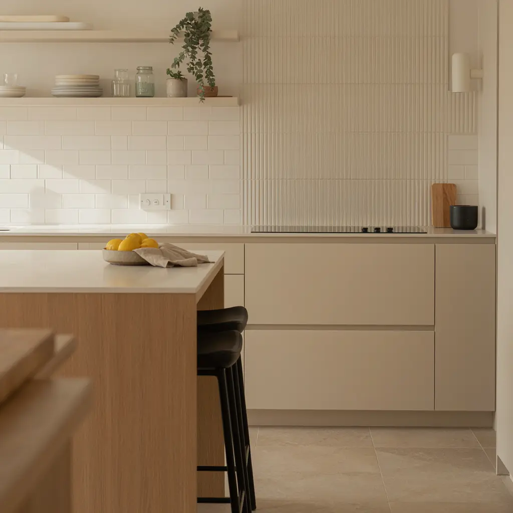 Modern Melbourne kitchen showing large format porcelain floor tiles and oversized subway tile splashback with fluted feature panel behind cooktop