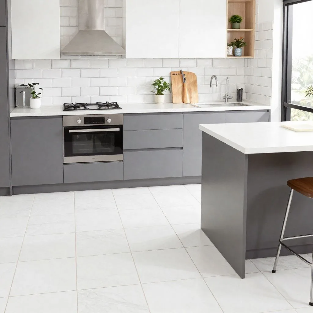 Fully tiled Melbourne kitchen renovation showing porcelain floor tiles, subway tile splashback and island bench by Ali Star Tiling
