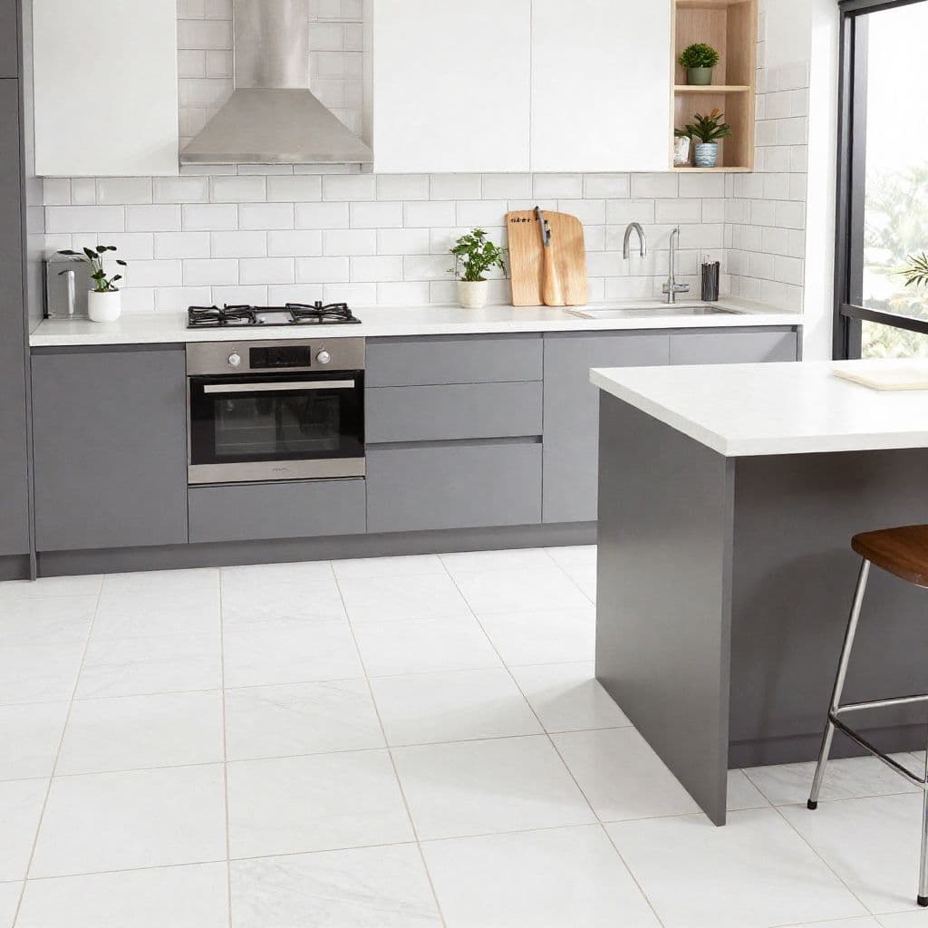 Fully tiled Melbourne kitchen renovation showing porcelain floor tiles, subway tile splashback and island bench by Ali Star Tiling