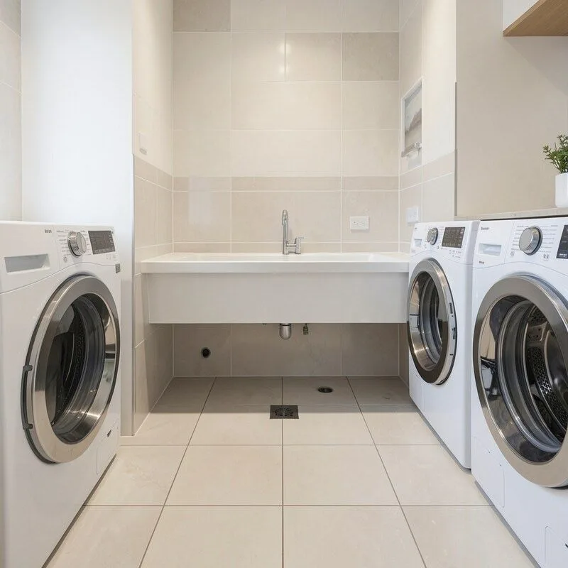 Freshly tiled laundry room in a Melbourne home with porcelain floor tiles, tiled wall behind trough, and floor waste visible