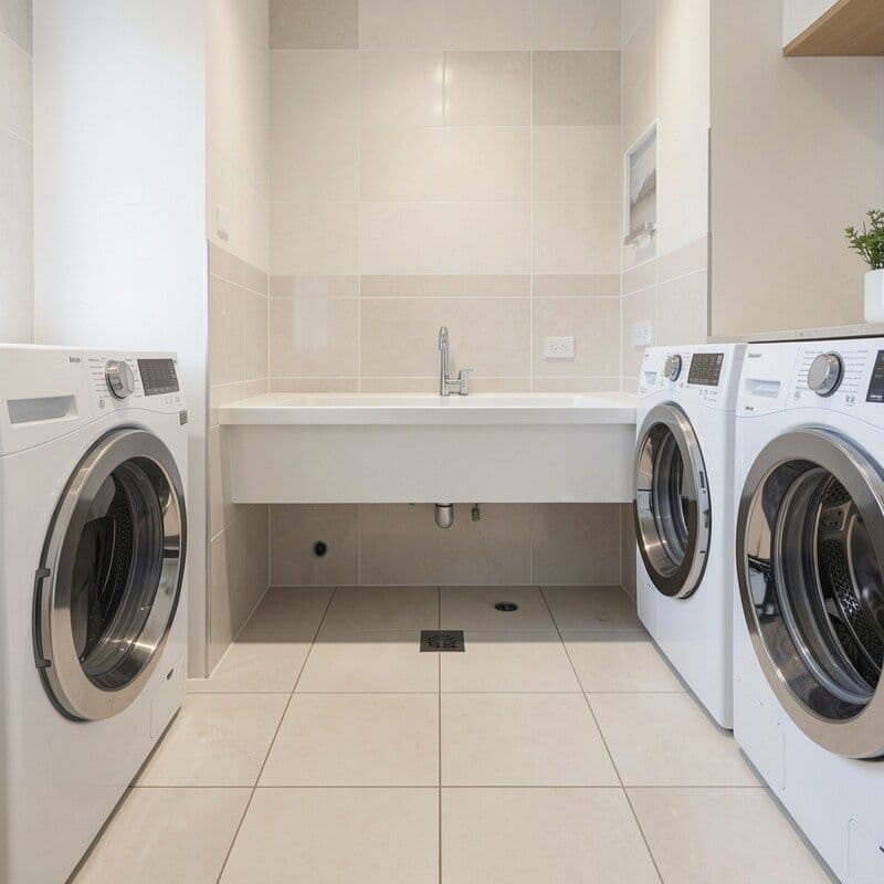 Freshly tiled laundry room in a Melbourne home with porcelain floor tiles, tiled wall behind trough, and floor waste visible