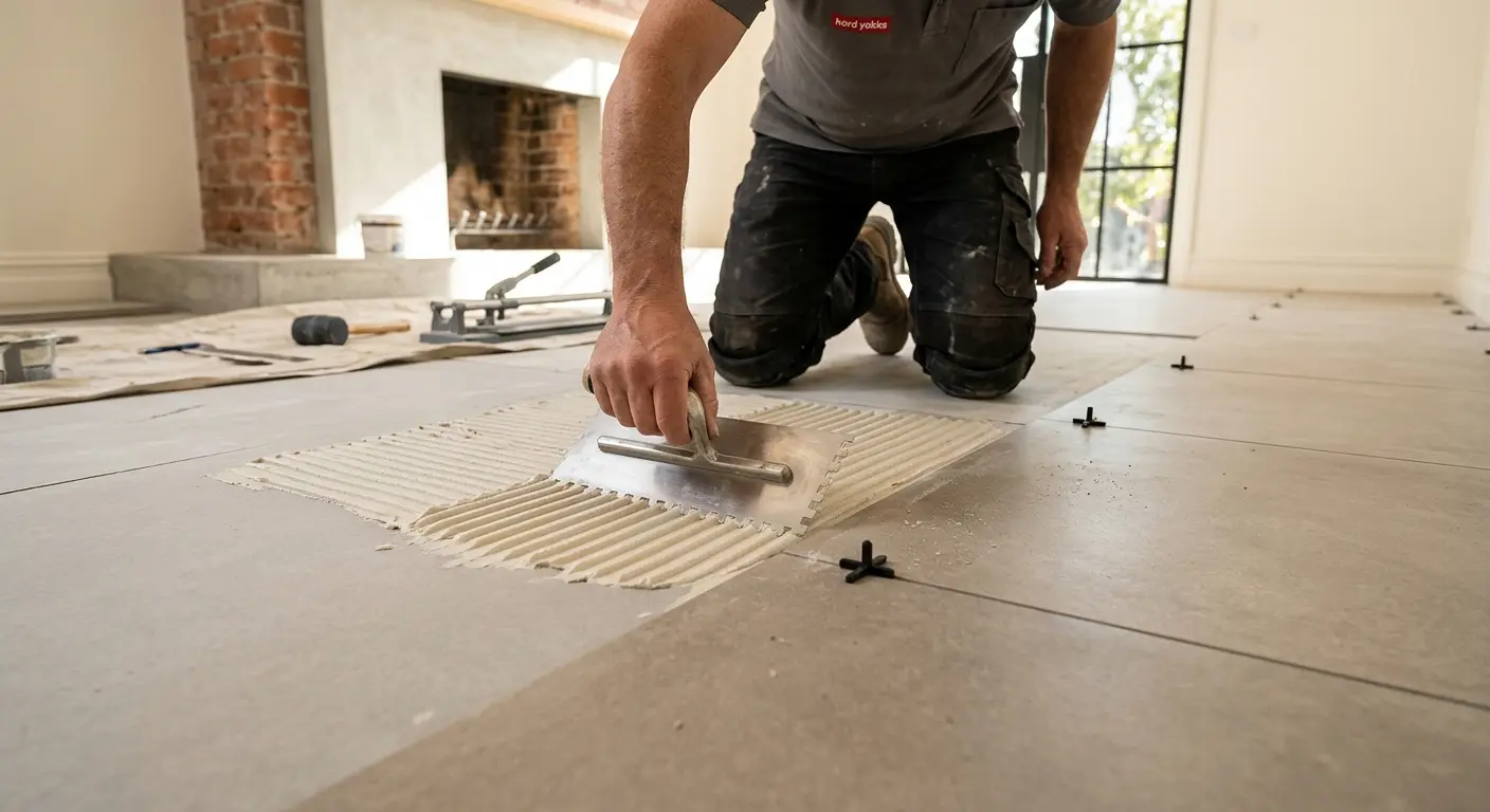 Tiling Over a Prepared Timber Subfloor Tiler spreading flexible tile adhesive over prepared tile underlay before laying porcelain floor tiles.