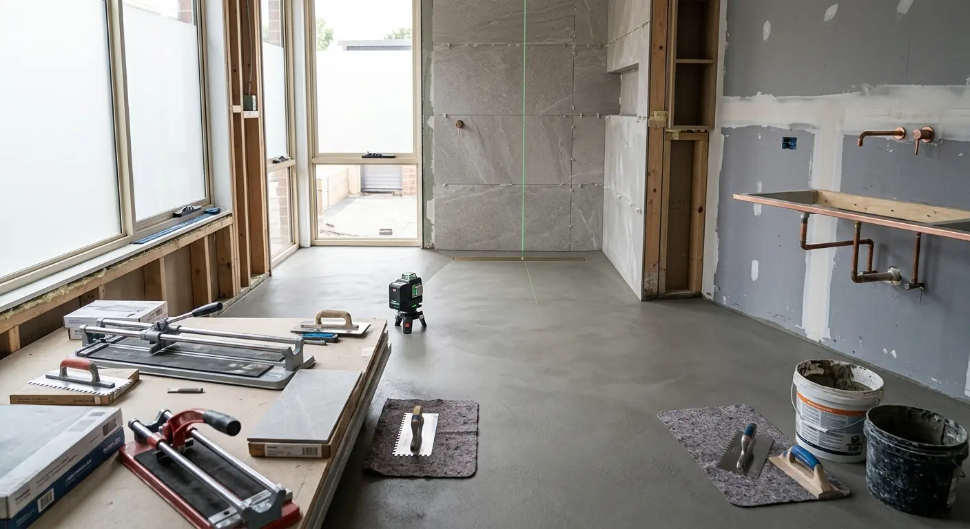 Levelled Floor Ready for Tiling Levelled floor prepared for tile installation during a renovation