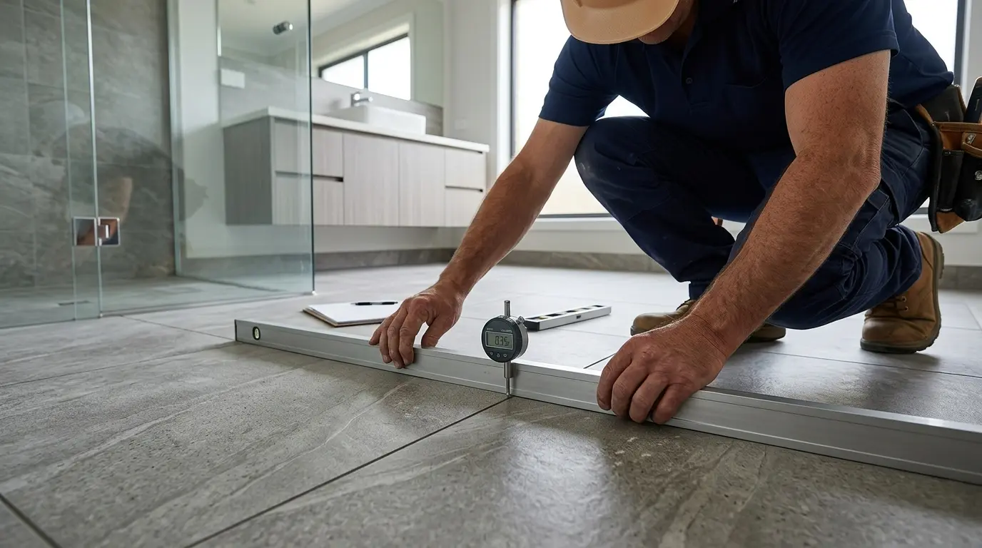 Checking Tile Lippage Tiler measuring height difference between adjacent floor tiles