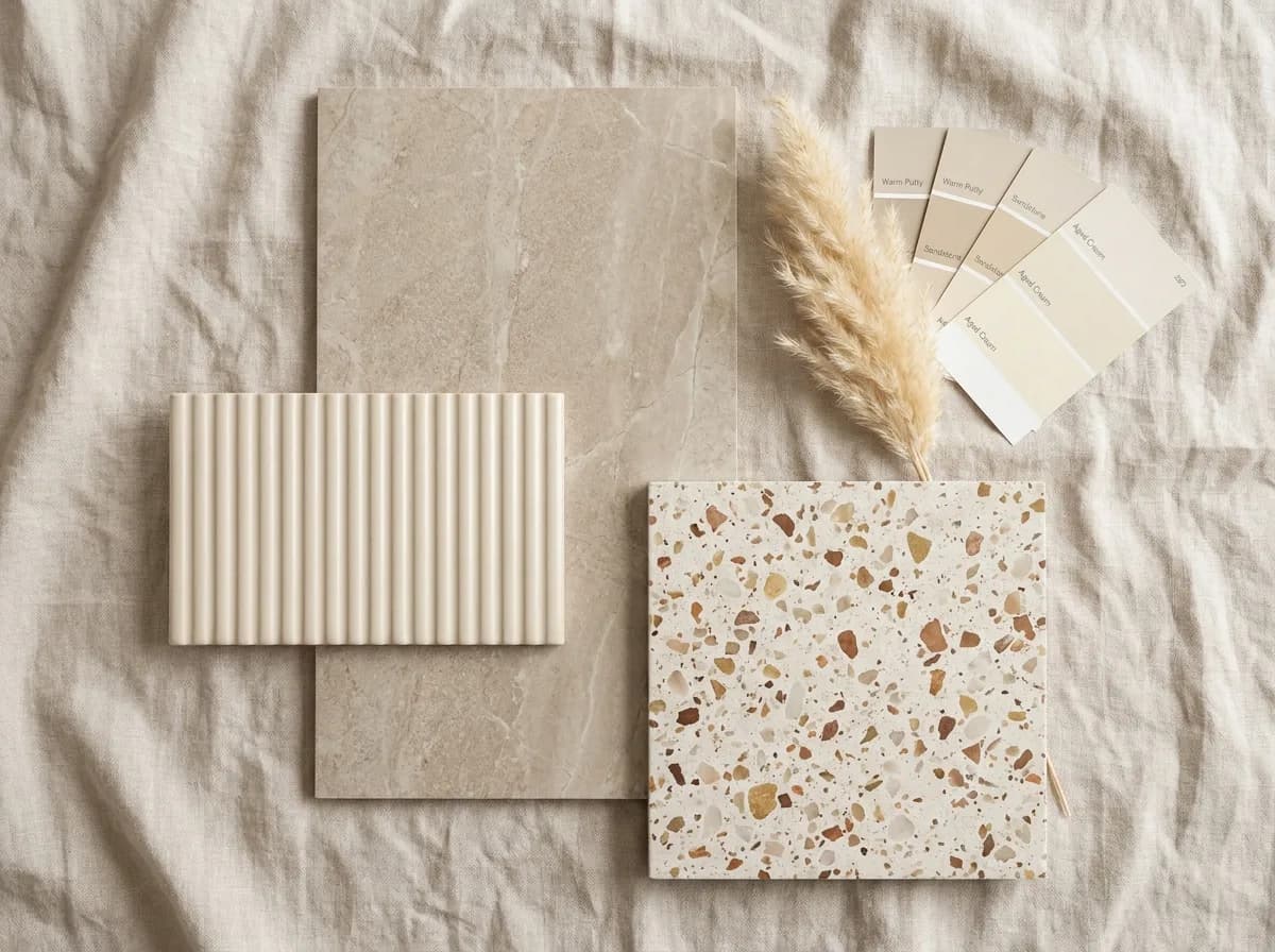 Melbourne tile trends 2026 mood board showing warm neutral tones, fluted wall tiles, large format porcelain and terrazzo look tiles