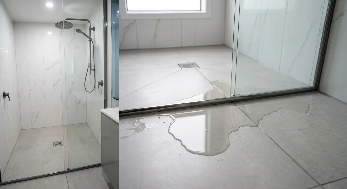 Water pooling on the tiled floor of a newly installed shower