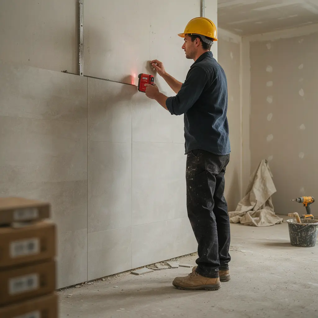 Tiler measuring floor area on-site in a Melbourne home before preparing a detailed tiling quote