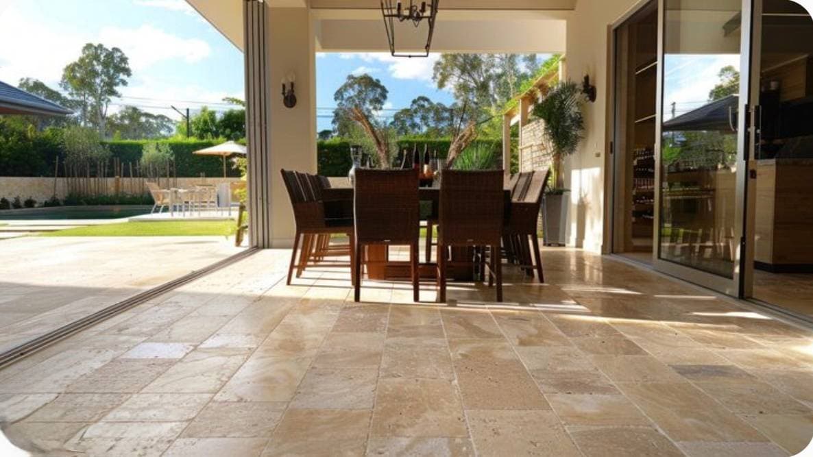 Professionally tiled outdoor alfresco area in a Melbourne home with large-format porcelain pavers