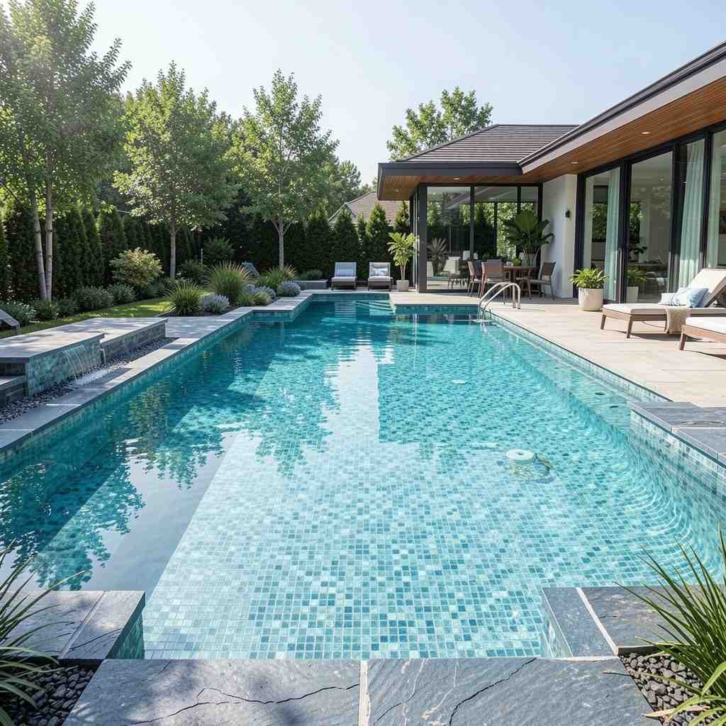 Freshly tiled swimming pool in Melbourne with glass mosaic waterline tiles and porcelain pool surround by Ali Star Tiling