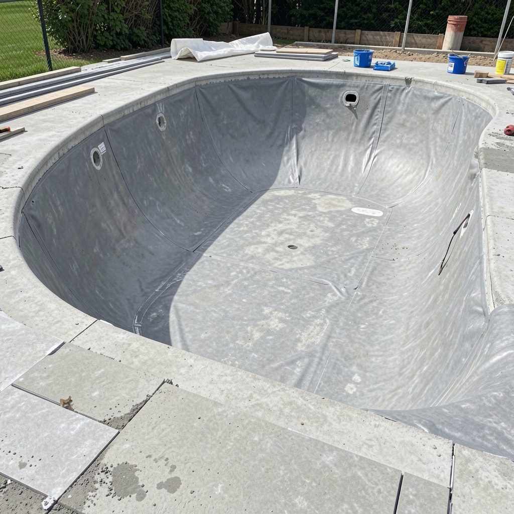 Swimming pool shell showing waterproofing membrane applied before pool tiles are installed in a Melbourne pool renovation