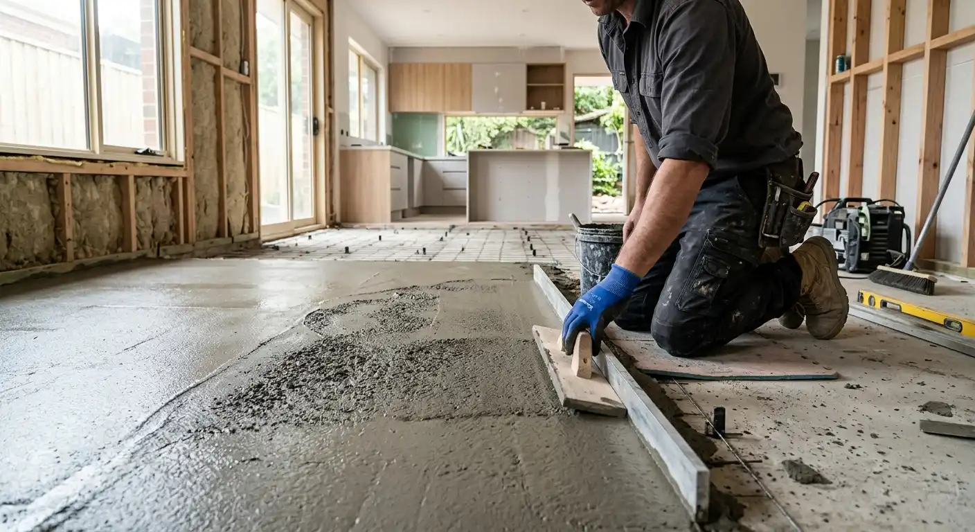 Professional Floor Screeding Professional applying floor screed to prepare a surface for tiling
