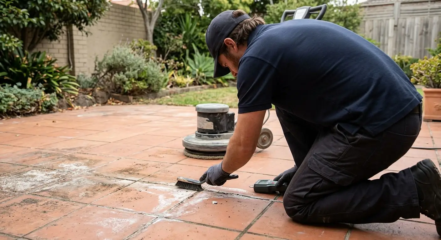 Outdoor tile cleaning and surface assessment Professional inspecting tiled outdoor surface before cleaning