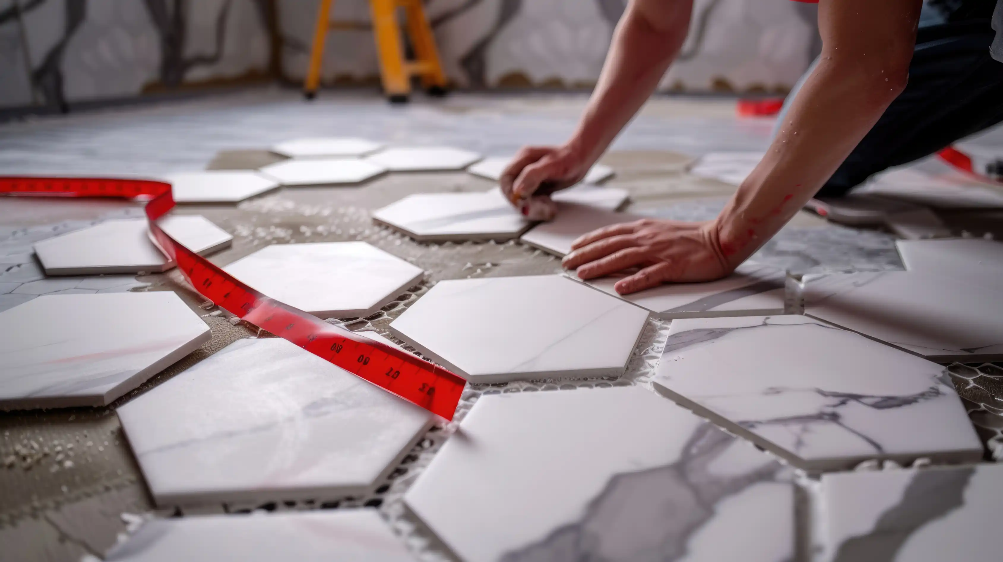 Professional tiler applying adhesive before installing large floor tiles