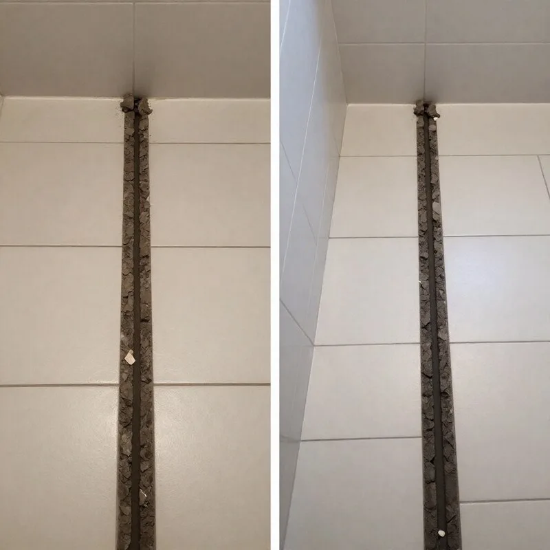 Before and after comparison of bathroom tile regrouting in Melbourne — dark stained crumbling grout replaced with clean fresh grout by Ali Star Tiling