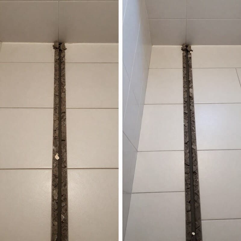 Before and after comparison of bathroom tile regrouting in Melbourne — dark stained crumbling grout replaced with clean fresh grout by Ali Star Tiling