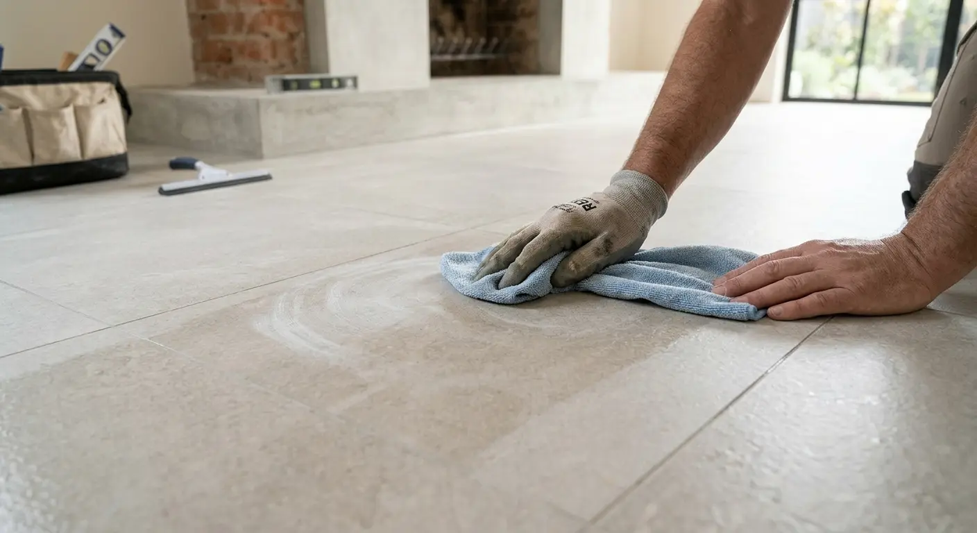Removing Grout Haze From Tiles A tiler wiping residue from porcelain tiles while cleaning grout haze after installation.