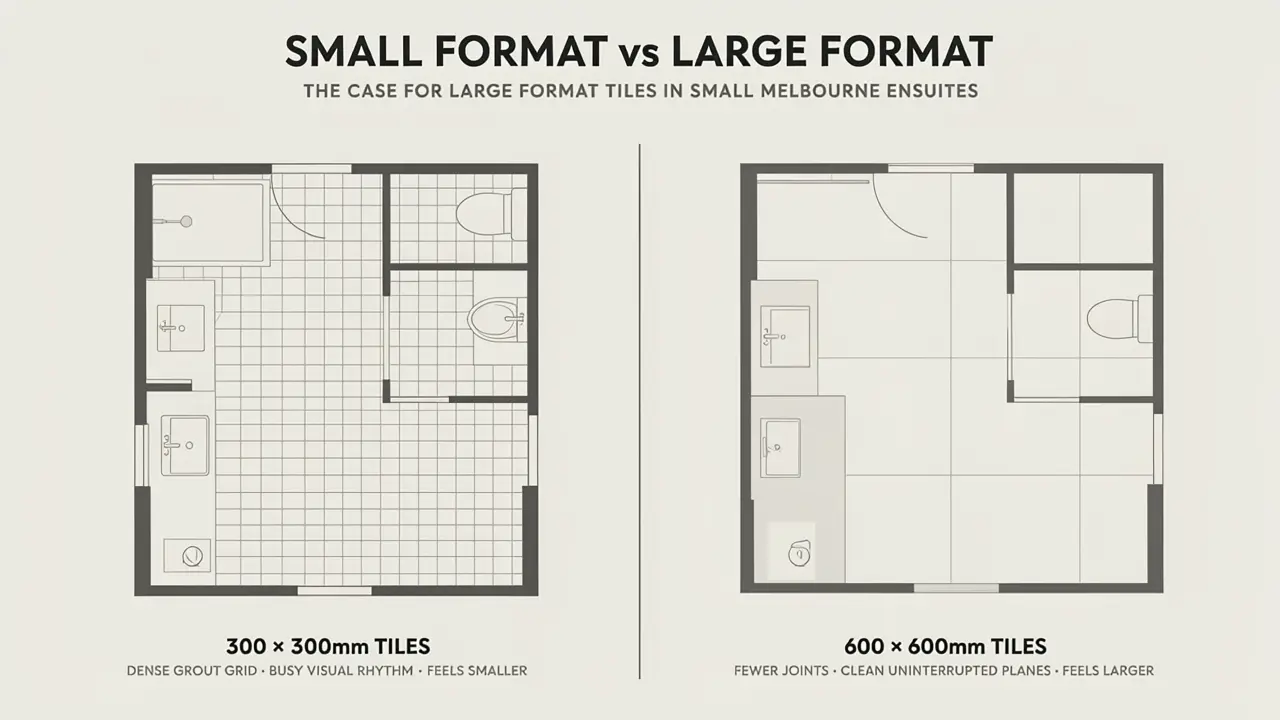 Side by side comparison of a small Melbourne ensuite with small format tiles versus large format tiles showing the visual difference in perceived space