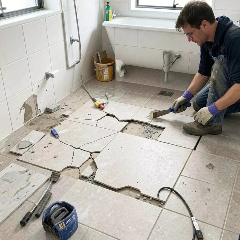 Ali Star Tiling Melbourne tiler removing a cracked bathroom floor tile for replacement without disturbing surrounding tiles