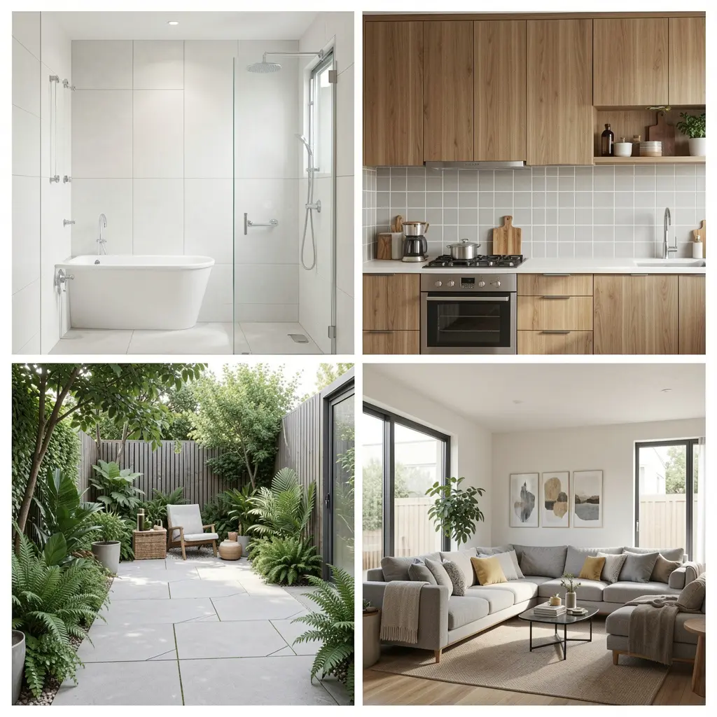 Collage of four Melbourne tiling projects showing bathroom, kitchen splashback, outdoor tiles and floor tiles with cost comparison