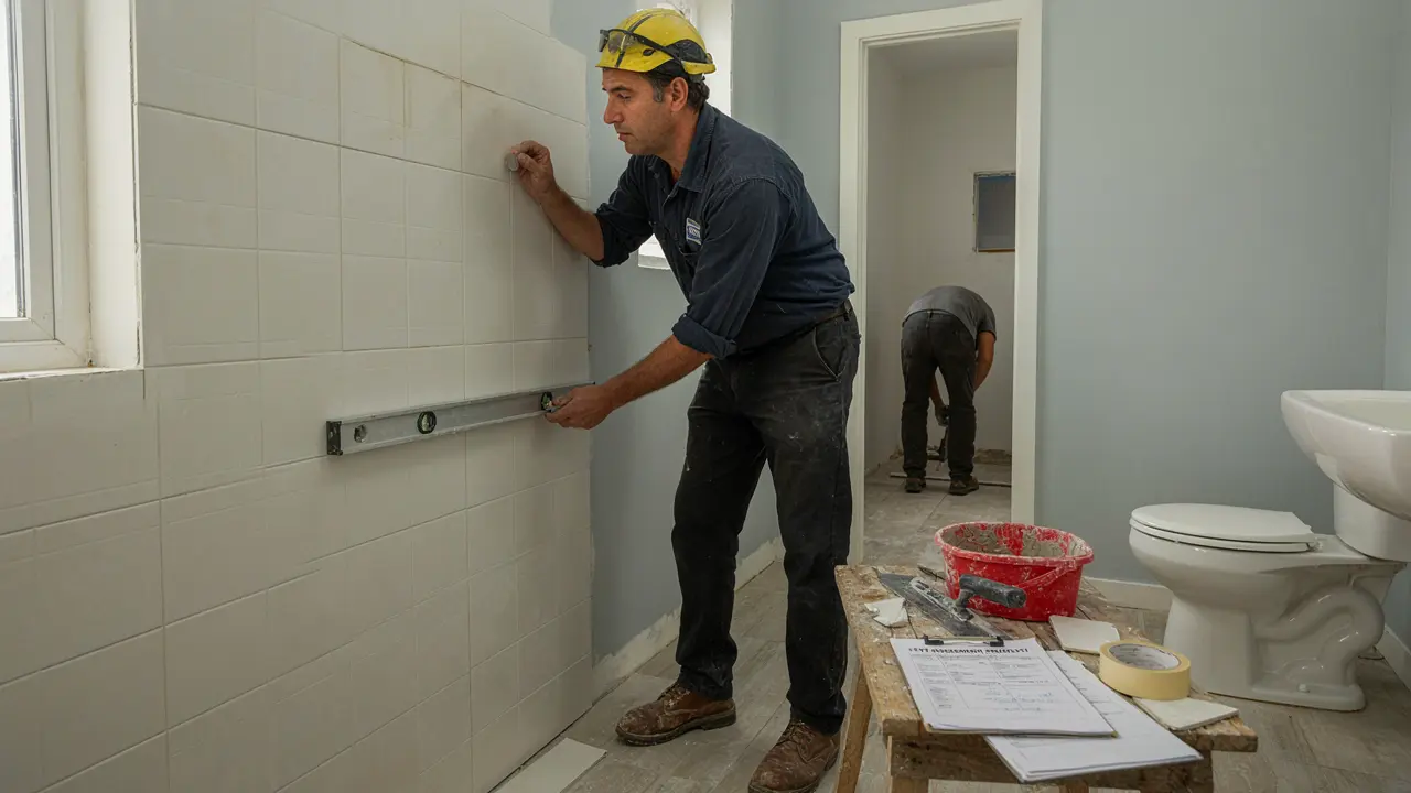 Melbourne tiler assessing existing bathroom tiles for tile-over-tile suitability by tapping for hollow tiles and checking substrate flatness
