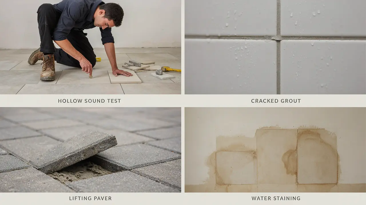 Collage showing common Melbourne tiling problems including hollow tiles cracked grout lifting outdoor pavers and water staining behind bathroom tiles