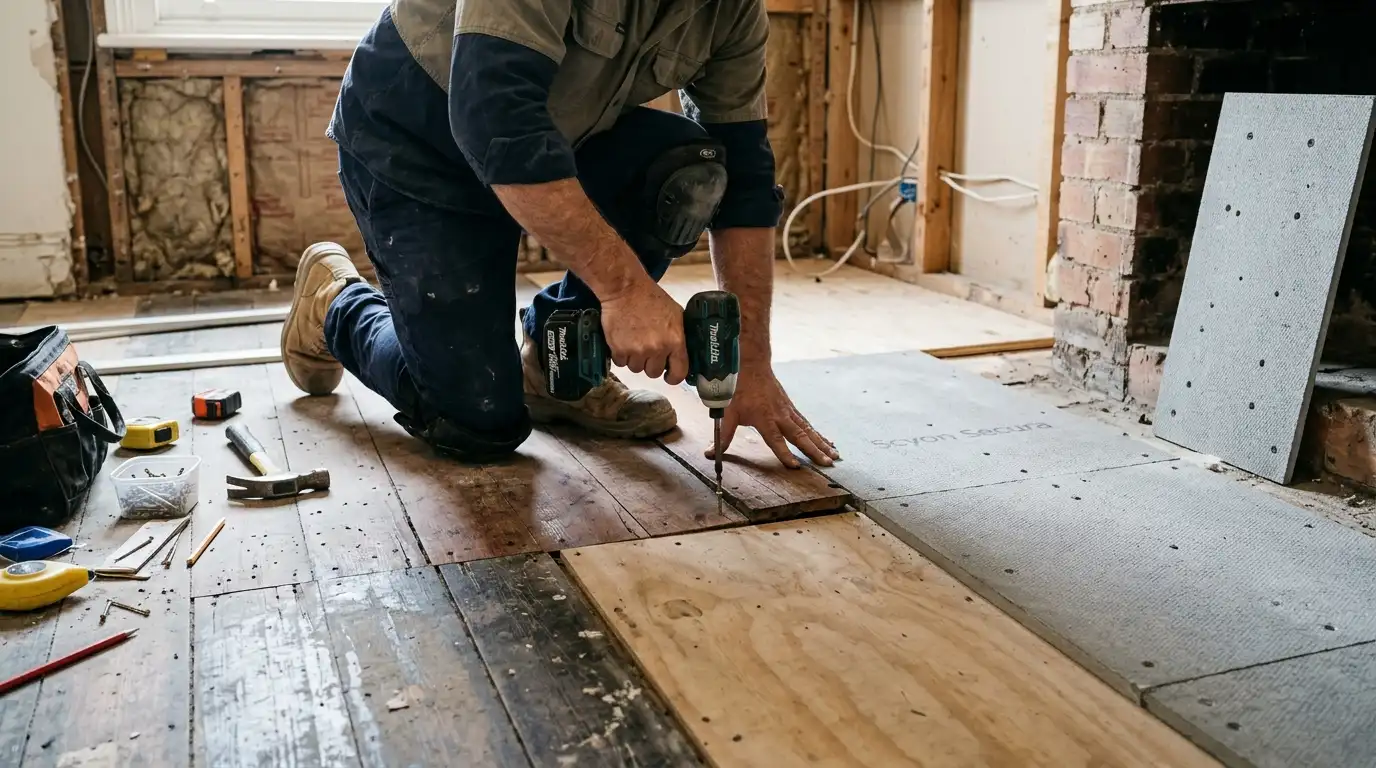 Timber Subfloor Preparation for Tiling Tiler inspecting and preparing a timber subfloor before installing tile underlay.