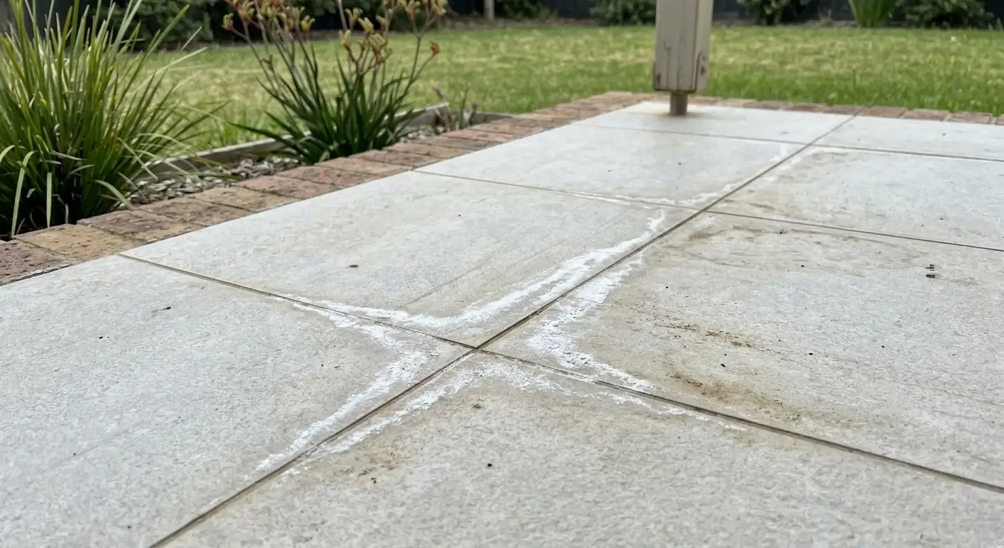 Efflorescence on outdoor tiles and grout White powdery efflorescence visible along grout lines of outdoor tiles