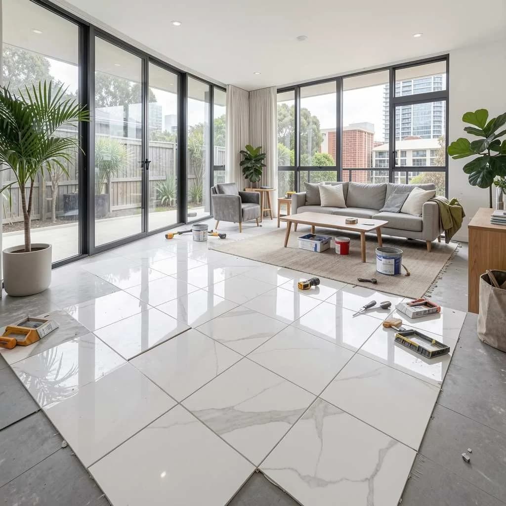 Porcelain floor tiling installation in Melbourne home