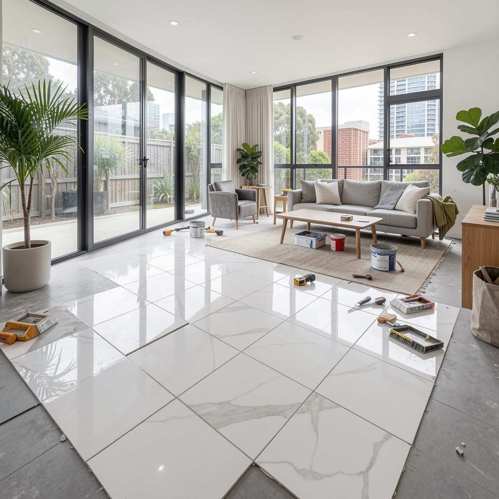Porcelain floor tiling installation in Melbourne home