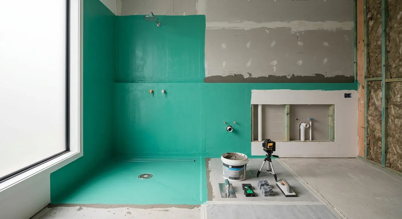 Bathroom renovation with waterproofed shower area prepared for professional tile installation
